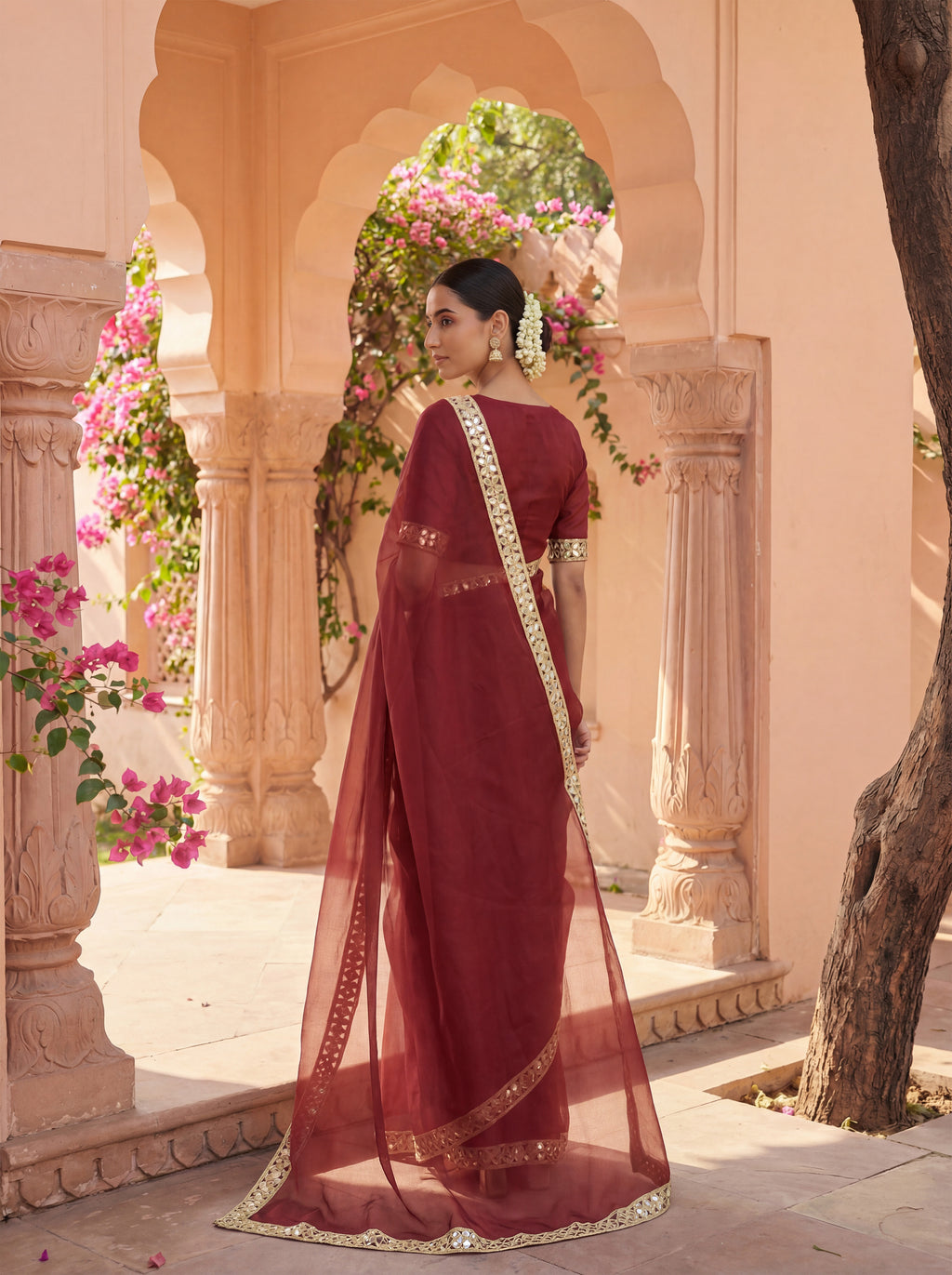 Maroon Tissue Geometric Mirror Work Saree