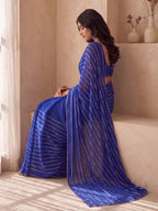 Blue Poly Georgette Striped Sequence Work Saree
