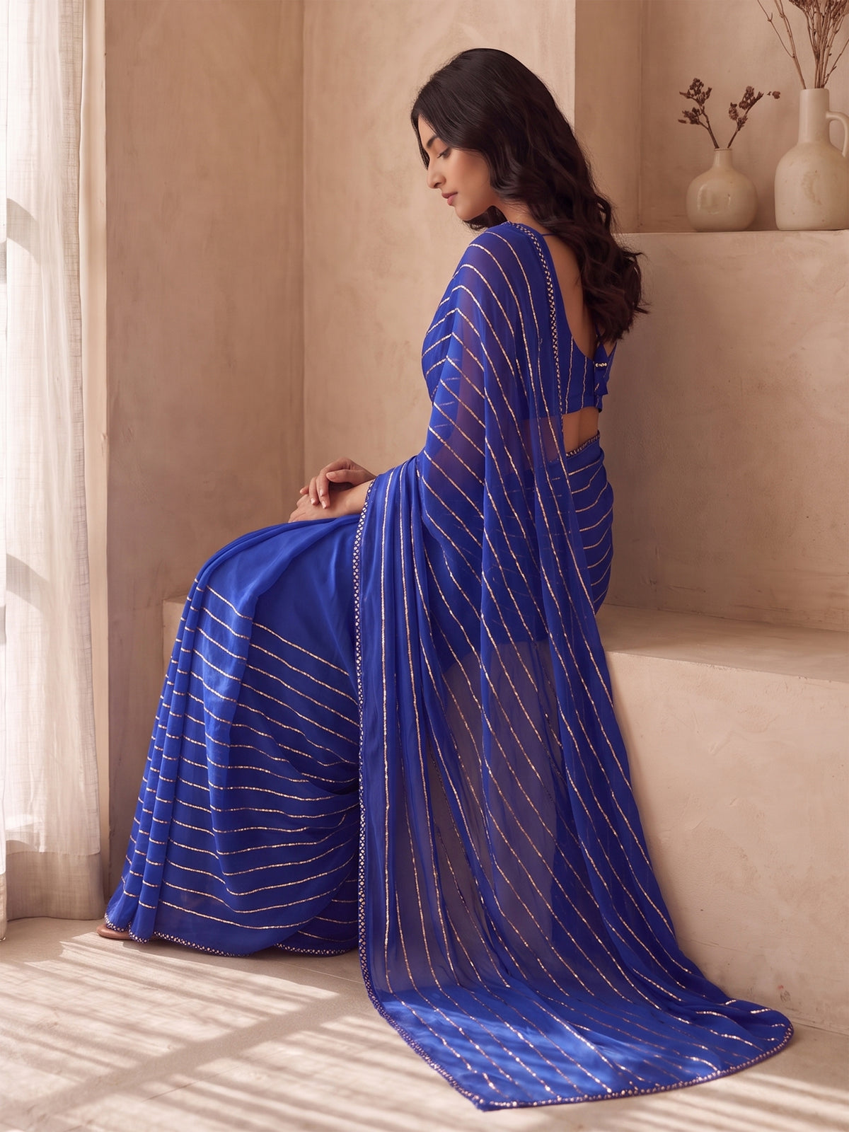 Blue Poly Georgette Striped Sequence Work Saree
