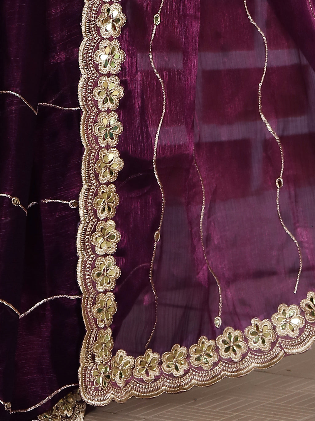 Burgundy Organza Striped Zari Work Saree