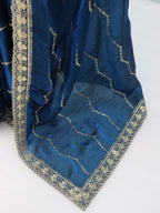 Teal Tissue Striped Sequence Work Saree
