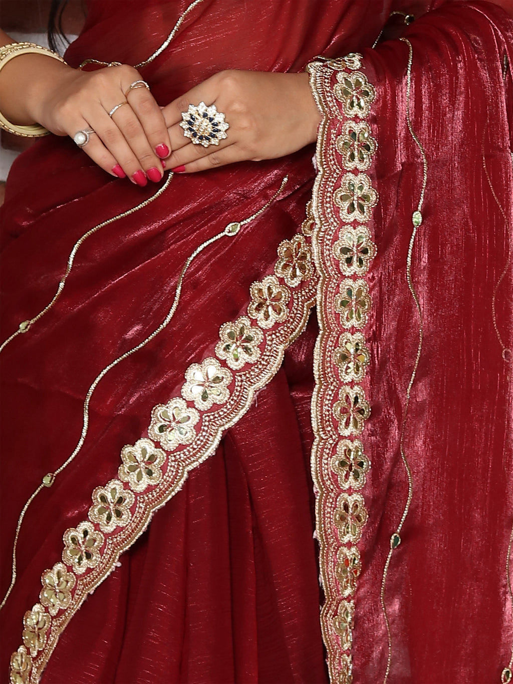 Maroon Organza Striped Zari Work Saree