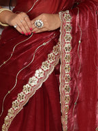 Maroon Organza Striped Zari Work Saree
