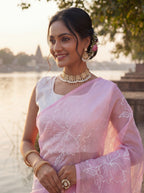Pink Organza Floral Thread Work Saree