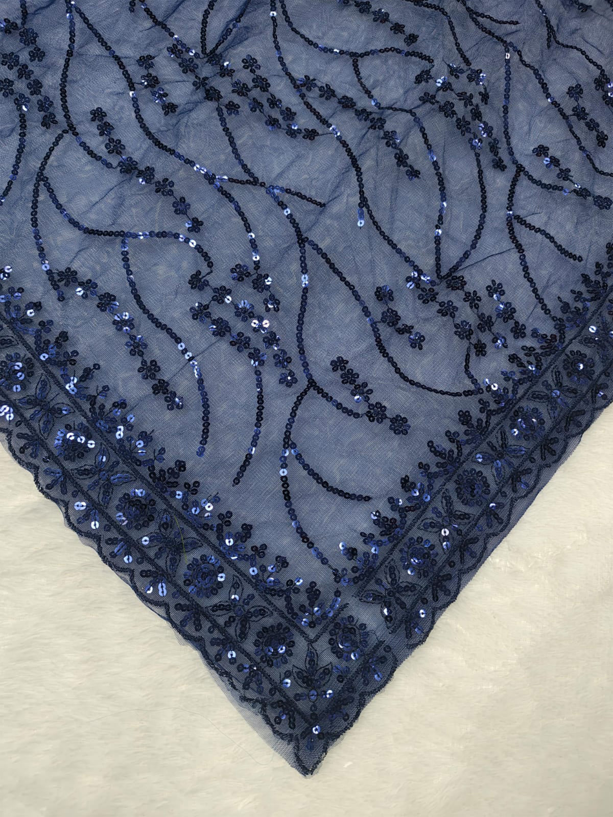 Navy Blue Net Floral Sequence Work Saree