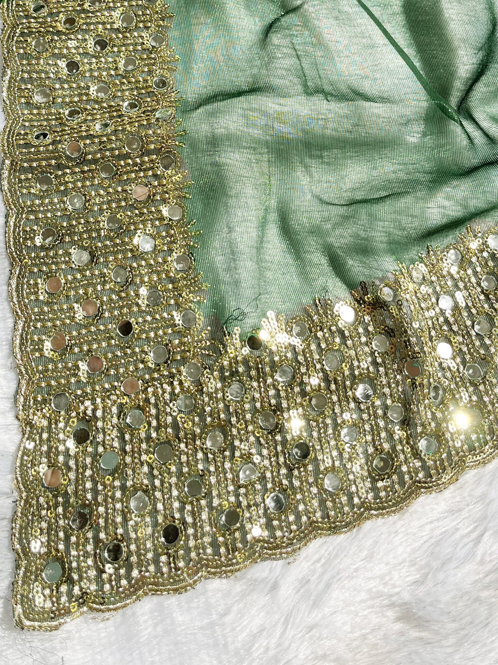 Green Tissue Sequence & Mirror Work Saree