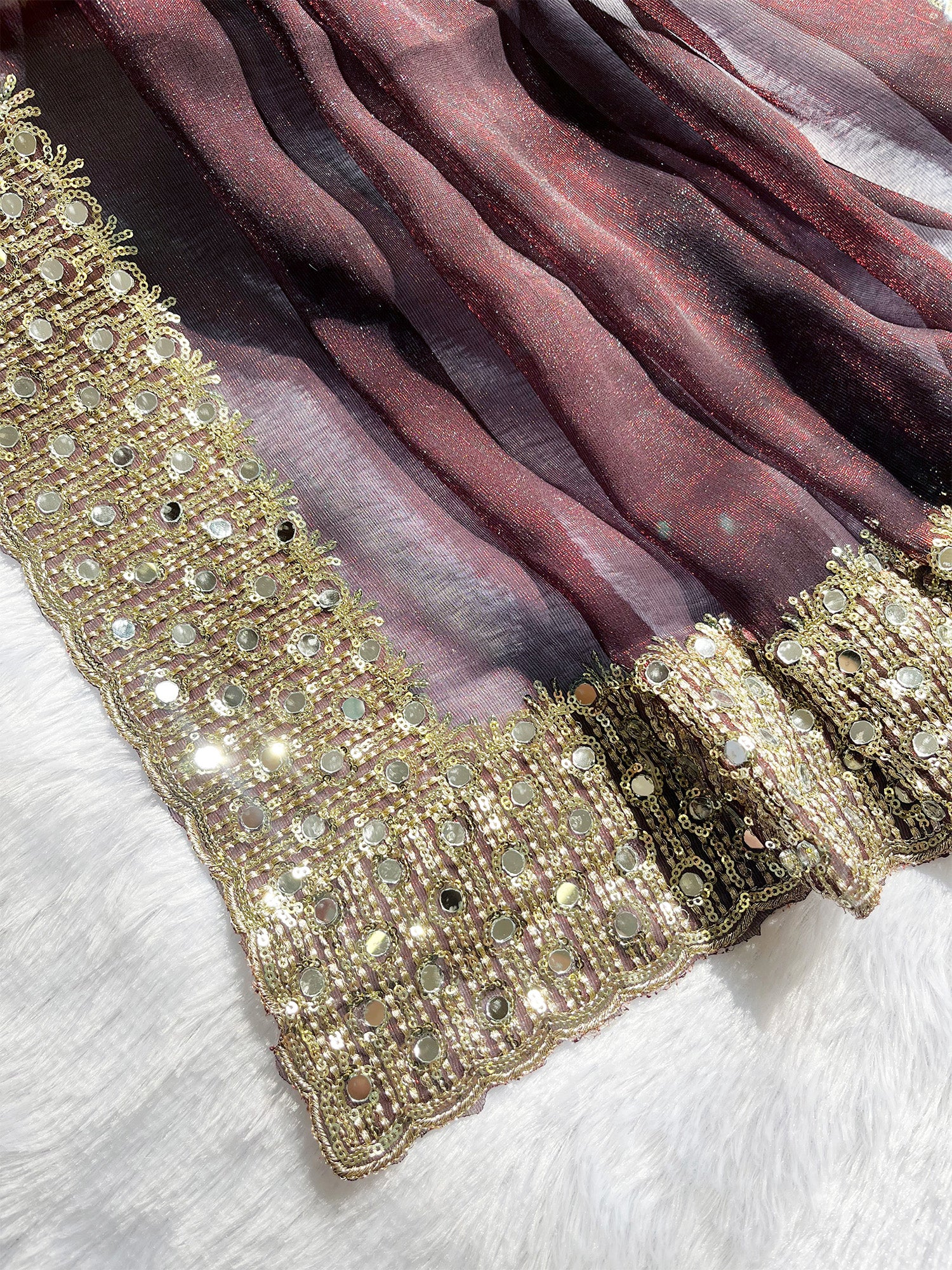 Maroon Tissue Sequence & Mirror Work Saree