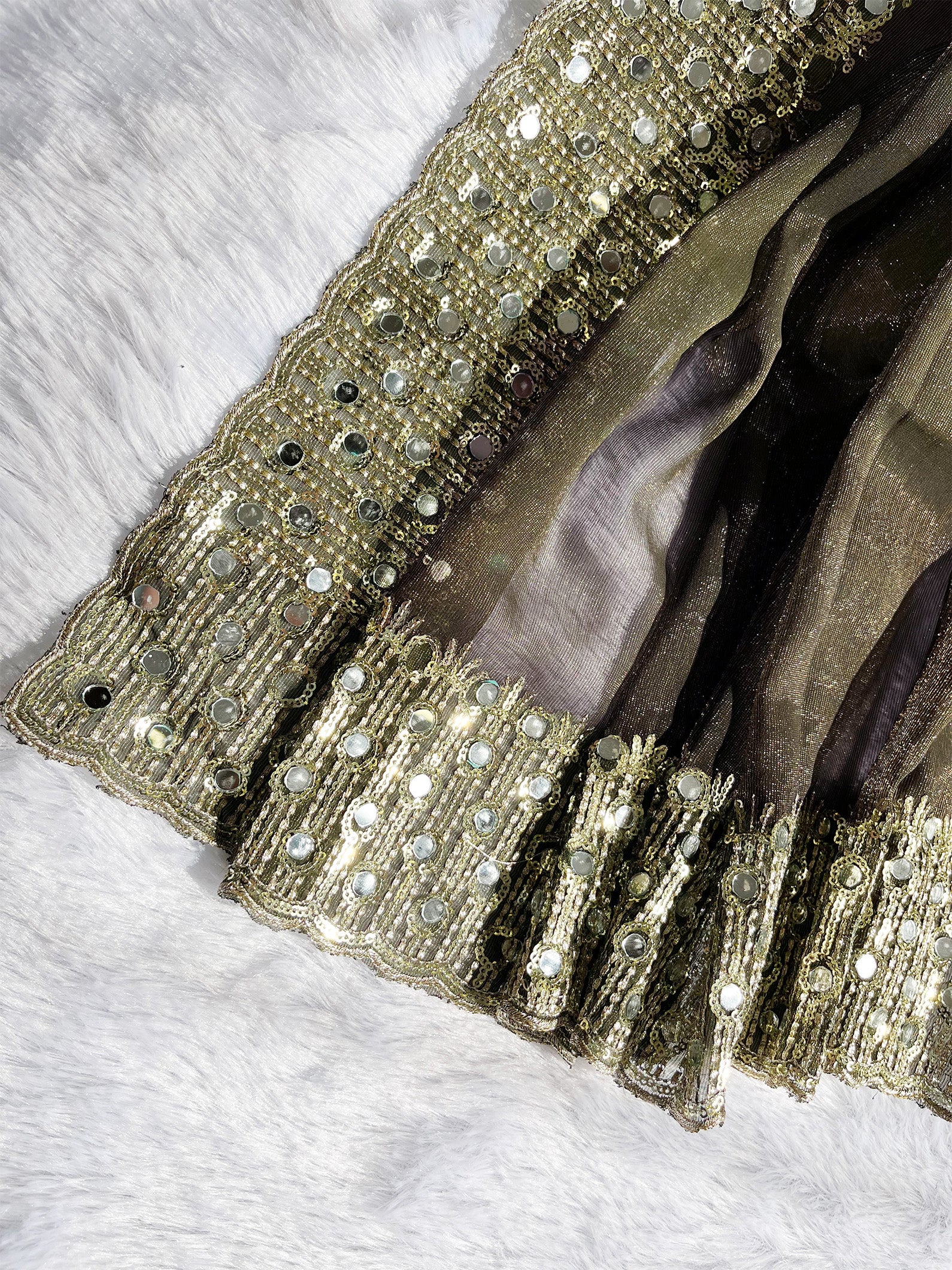 Brown Tissue Sequence & Mirror Work Saree