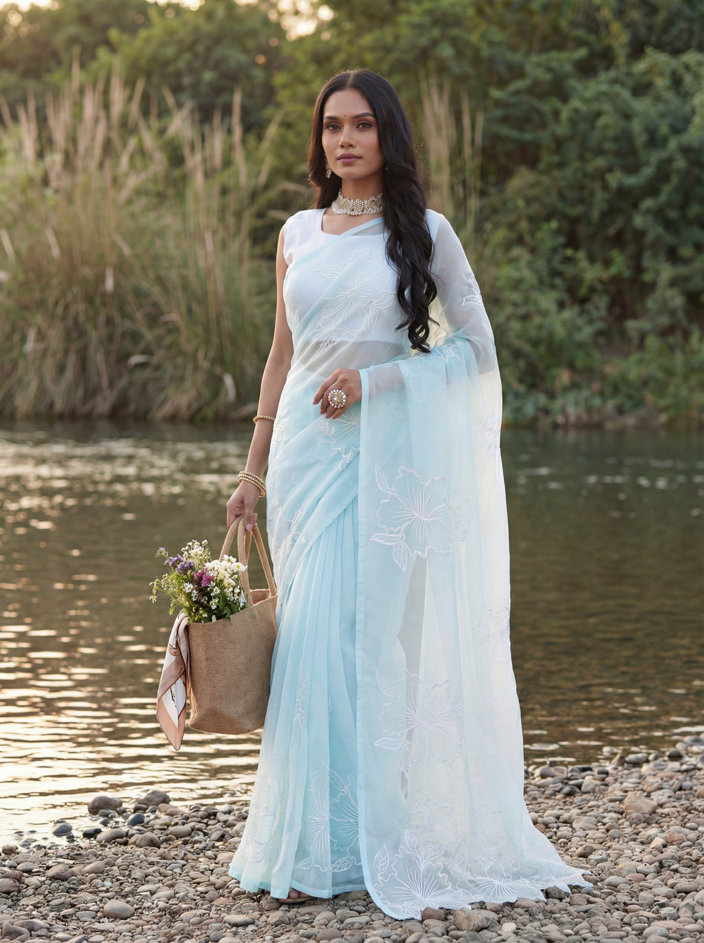 Blue Organza Floral Thread Work Saree