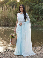 Blue Organza Floral Thread Work Saree