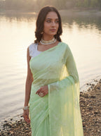 Green Organza Floral Thread Work Saree