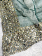 Teal Green Tissue Sequence & Mirror Work Saree