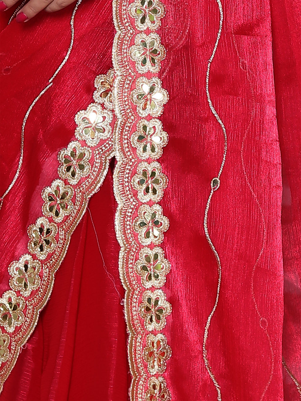 Red Organza Striped Zari Work Saree