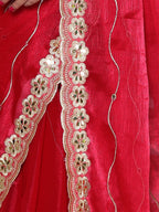 Red Organza Striped Zari Work Saree