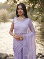Lavender Organza Floral Thread Work Saree