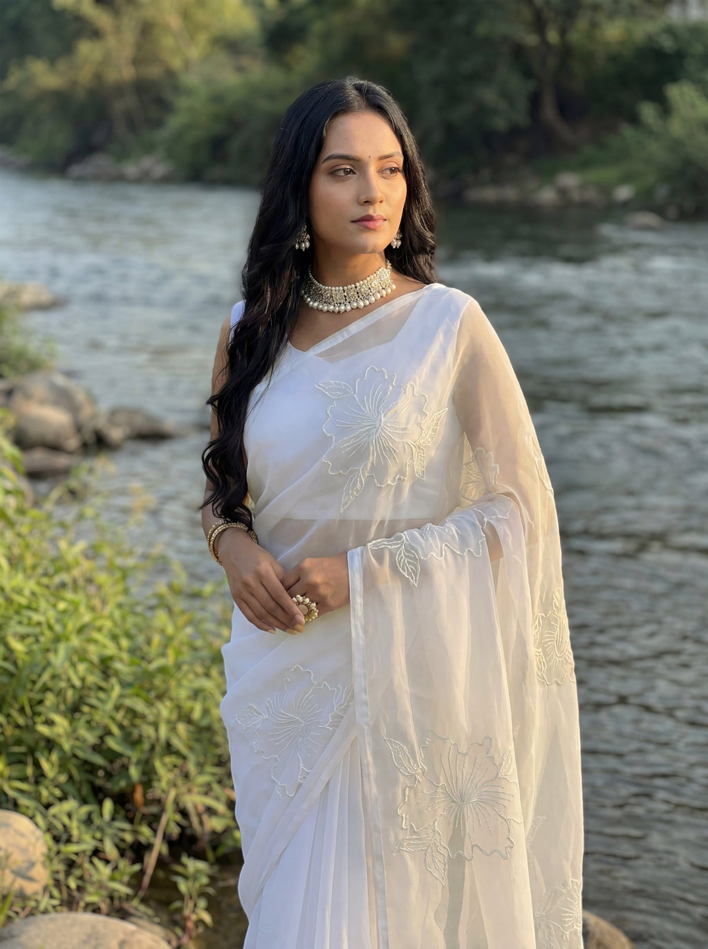 White Organza Floral Thread Work Saree