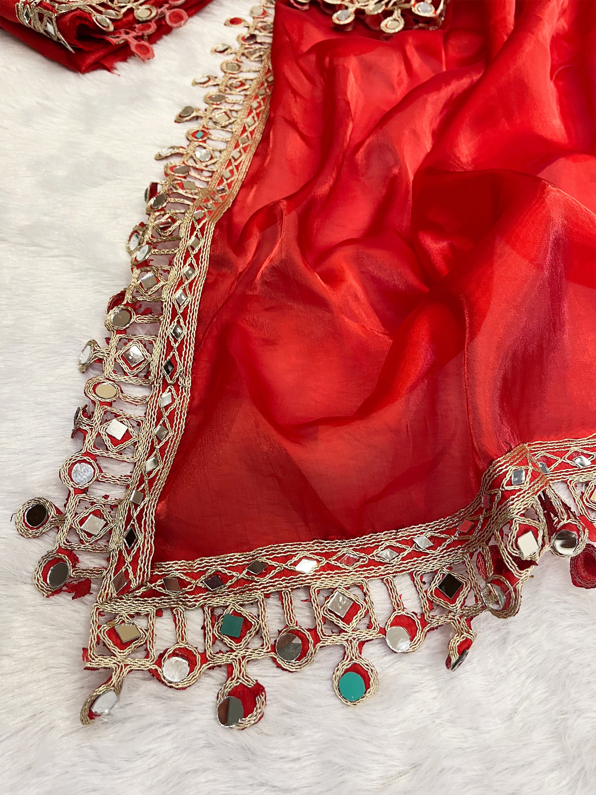 Red Organza Mirror Work Saree
