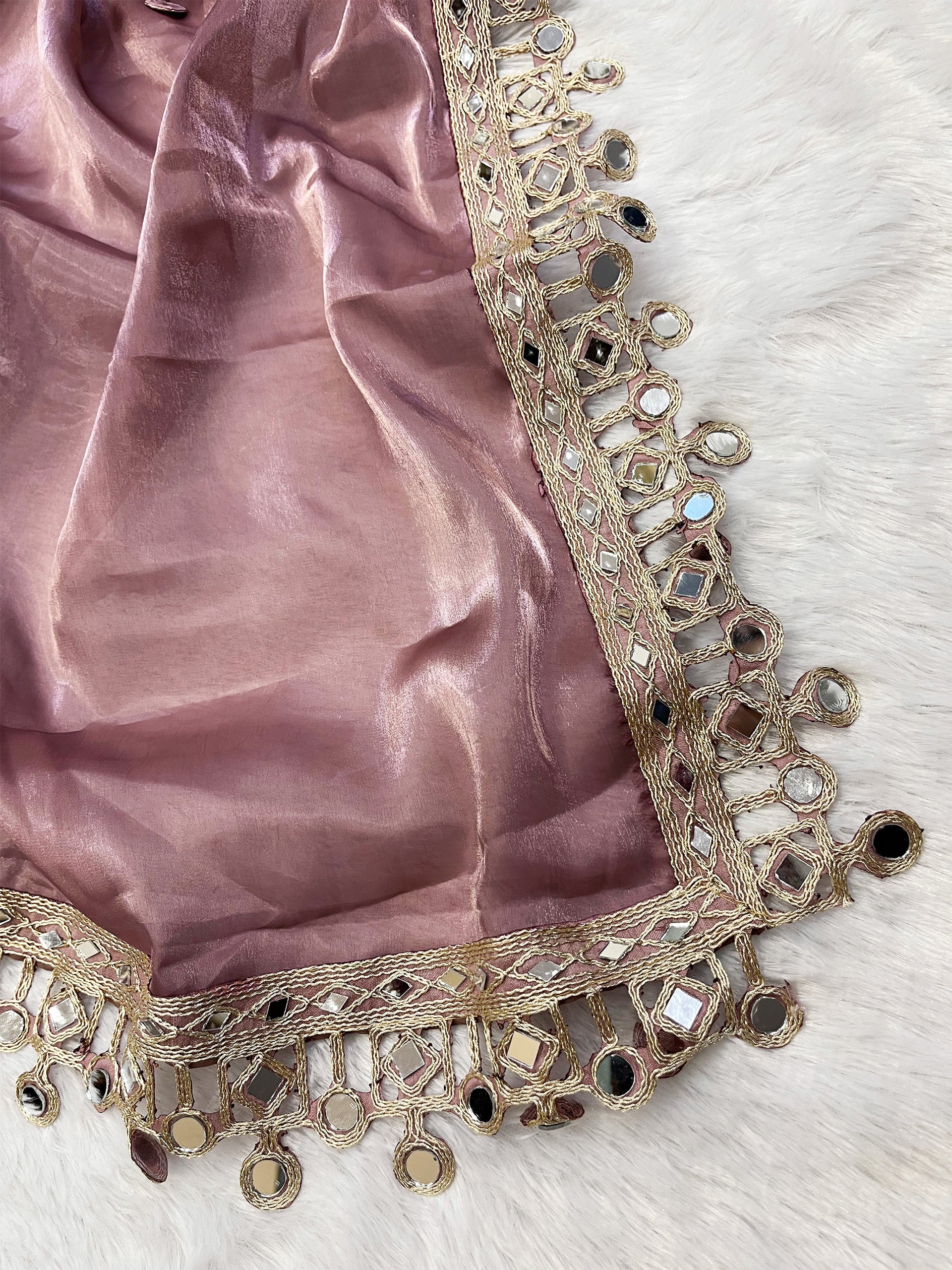 Mauve Organza Mirror Work Saree