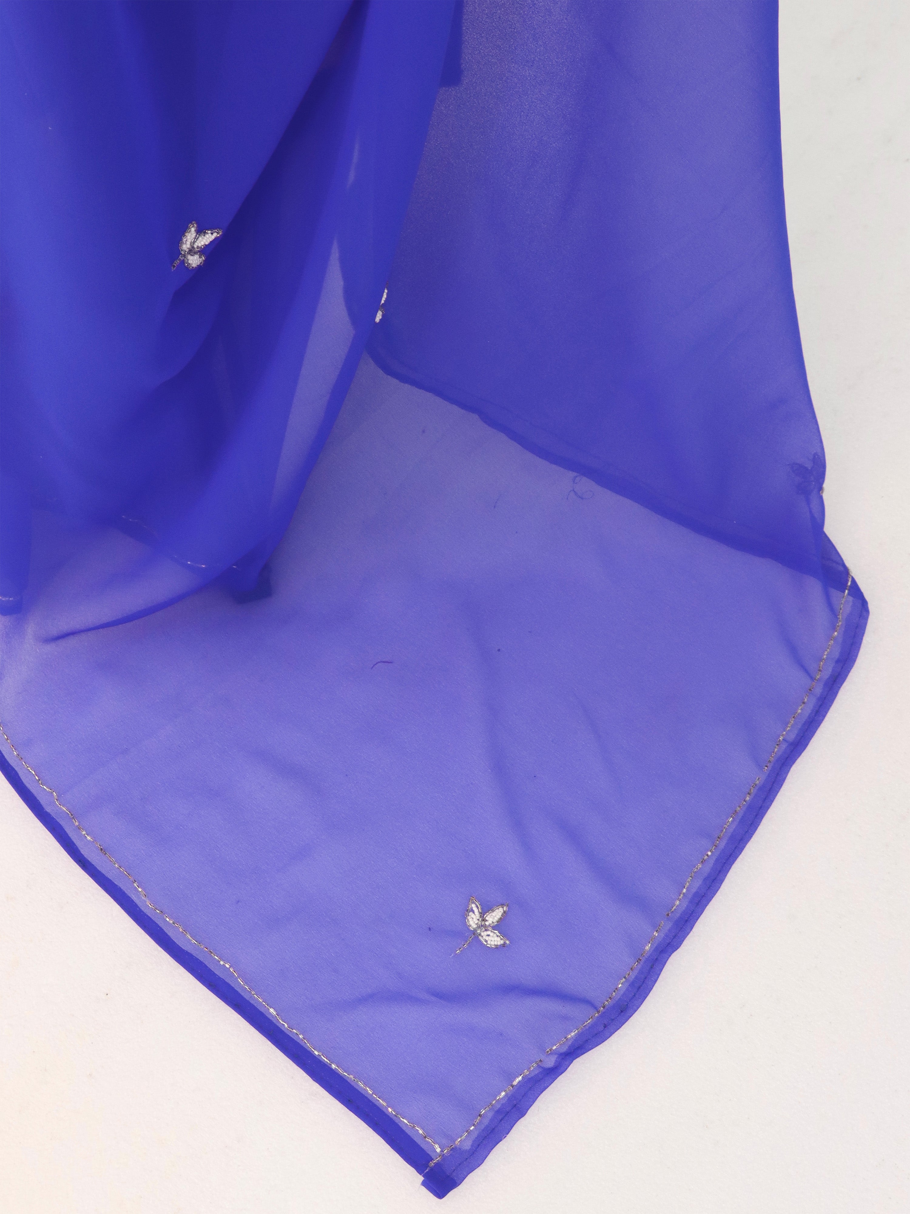 Blue Georgette Floral Stone & Beads Work Saree