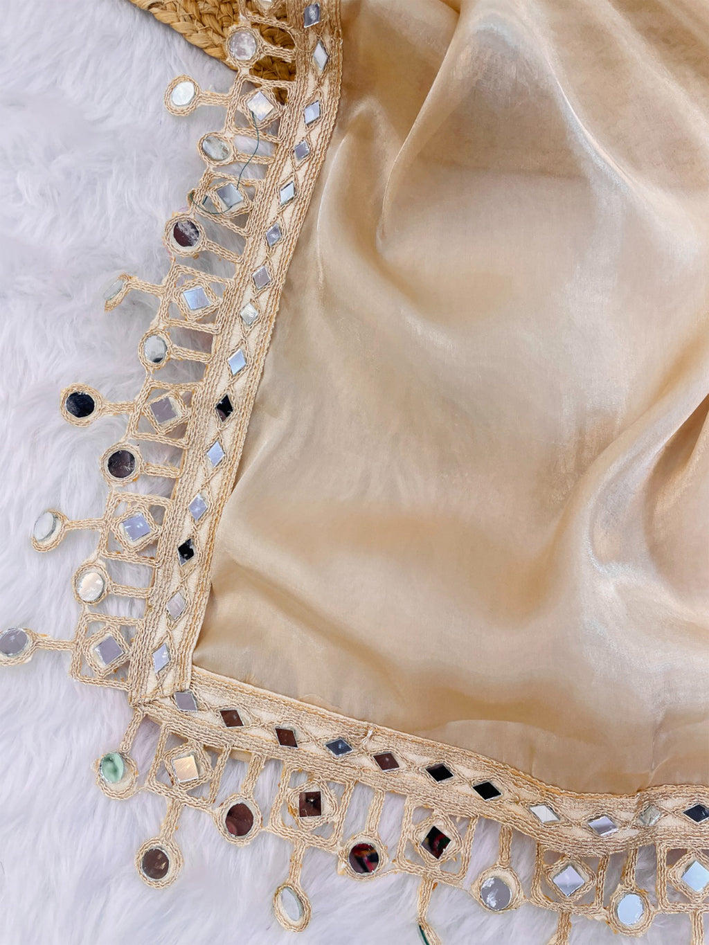 Beige Organza Mirror Work Saree