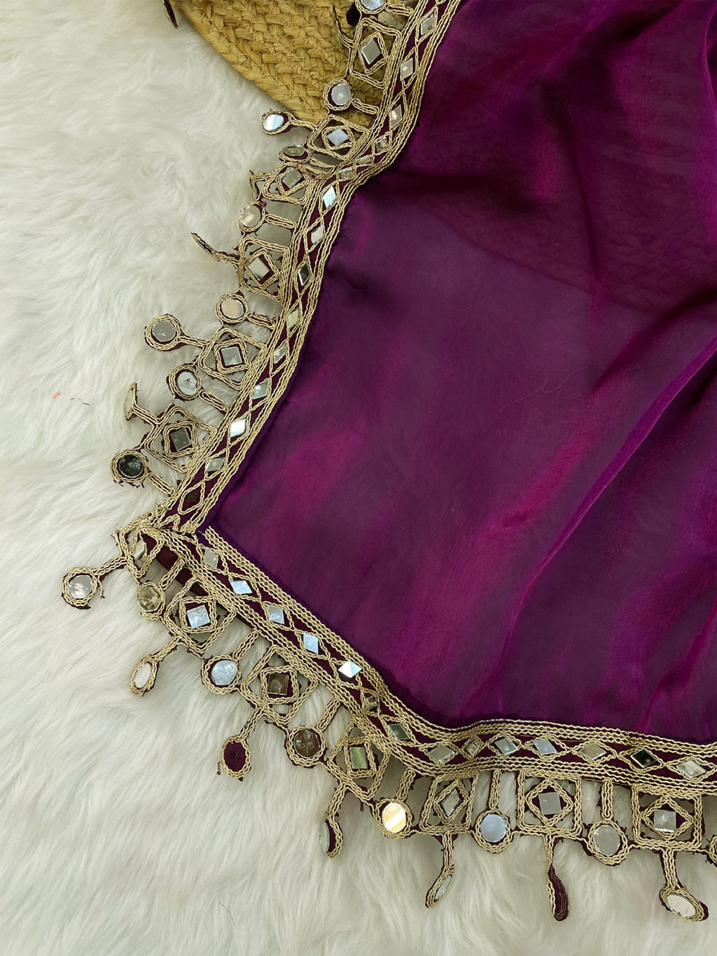 Burgundy Organza Mirror Work Saree