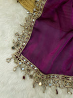 Burgundy Organza Mirror Work Saree