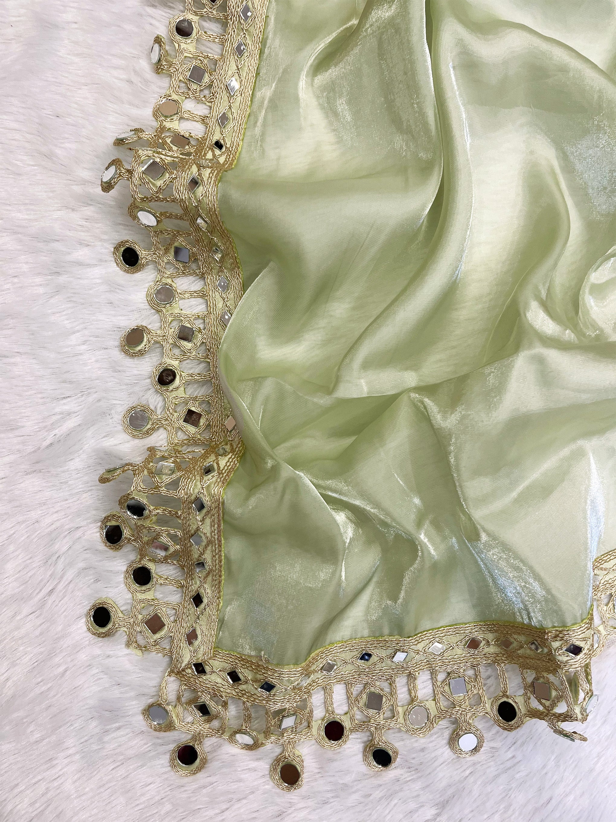 Green Organza Mirror Work Saree