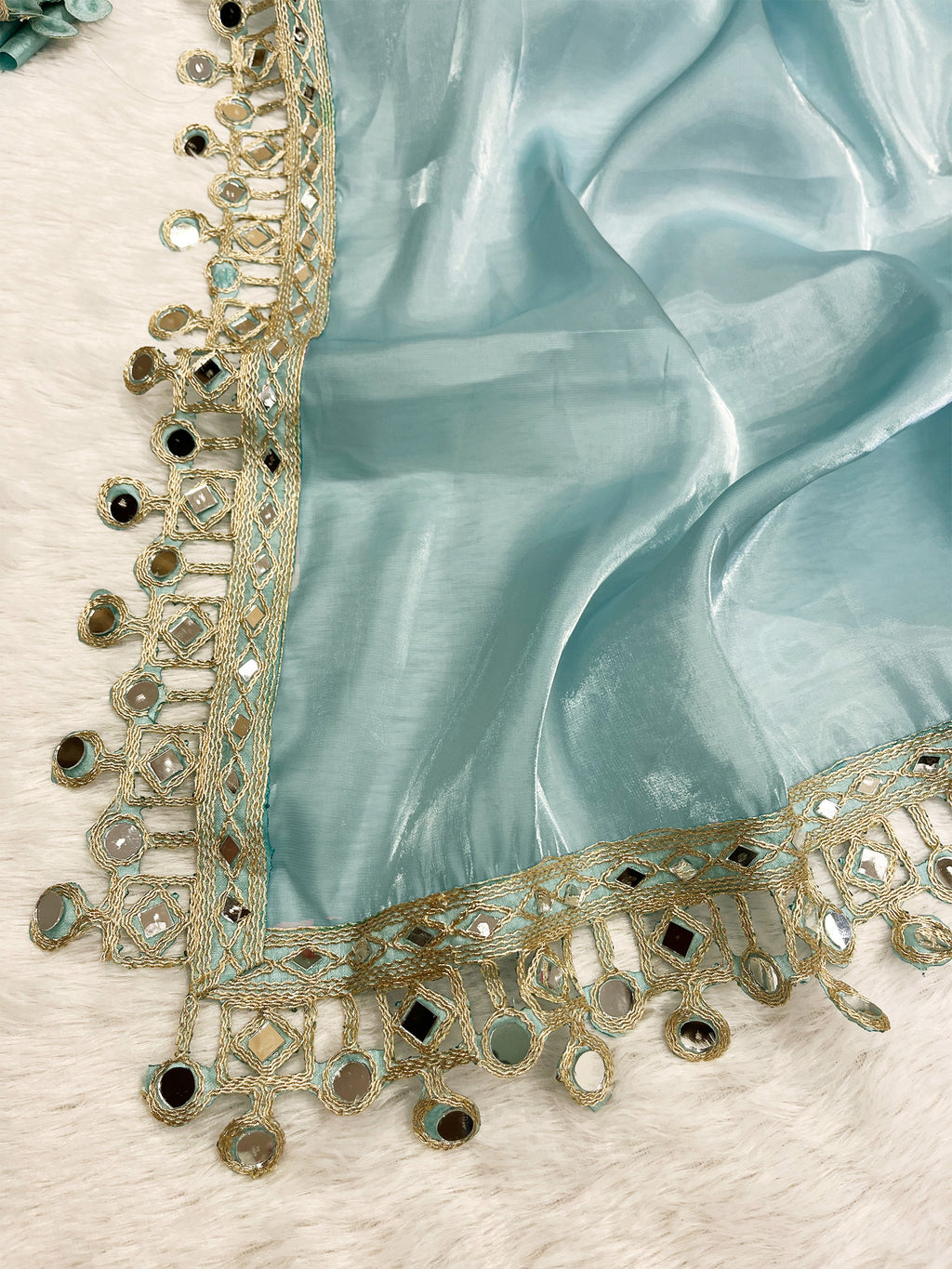 Blue Organza Mirror Work Saree