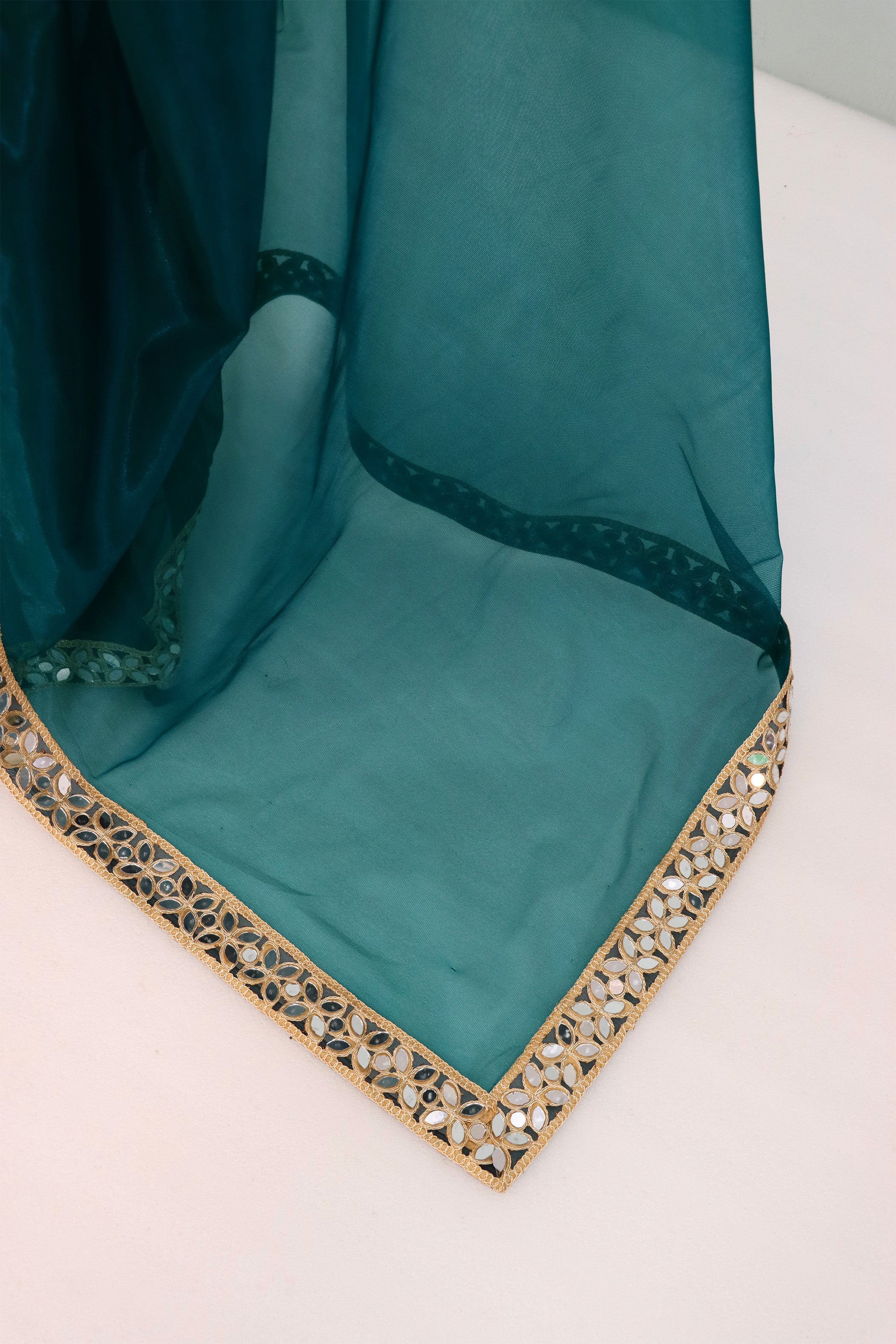 Teal Tissue Geometric Mirror Work Saree