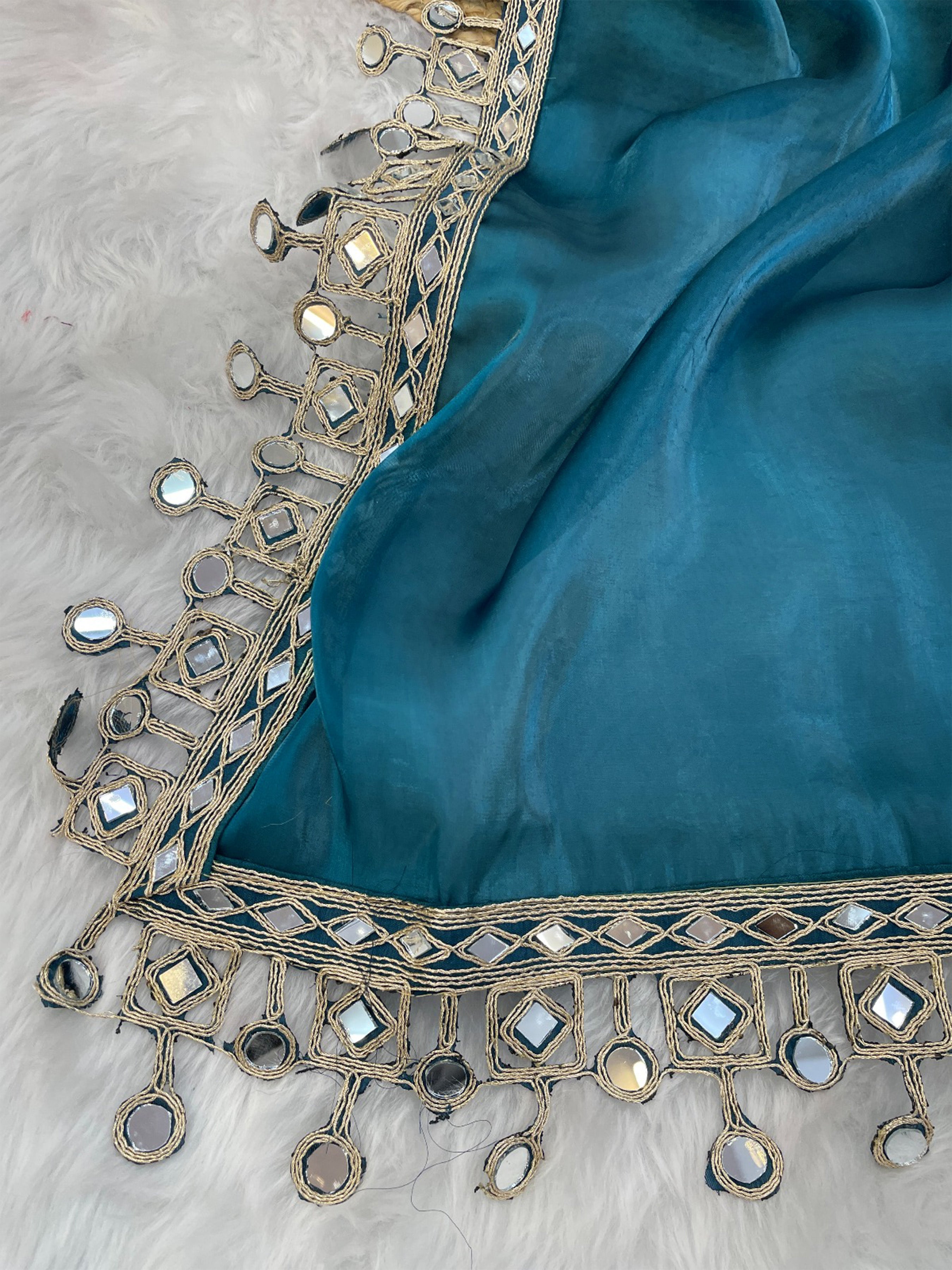 Teal Organza Mirror Work Saree