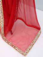 Red Tissue Geometric Mirror Work Saree