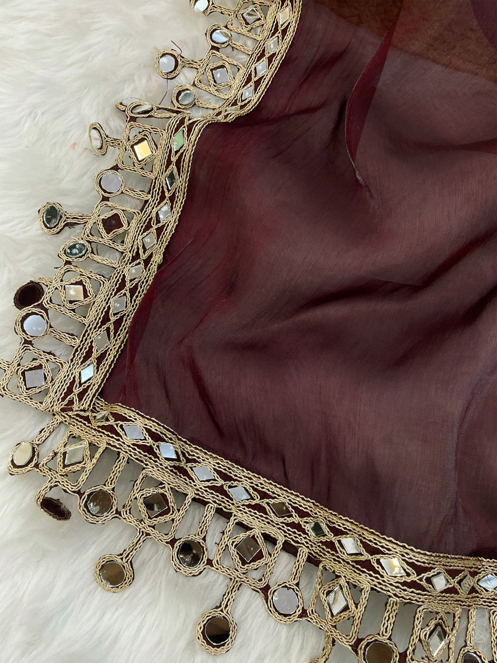 Maroon Organza Mirror Work Saree