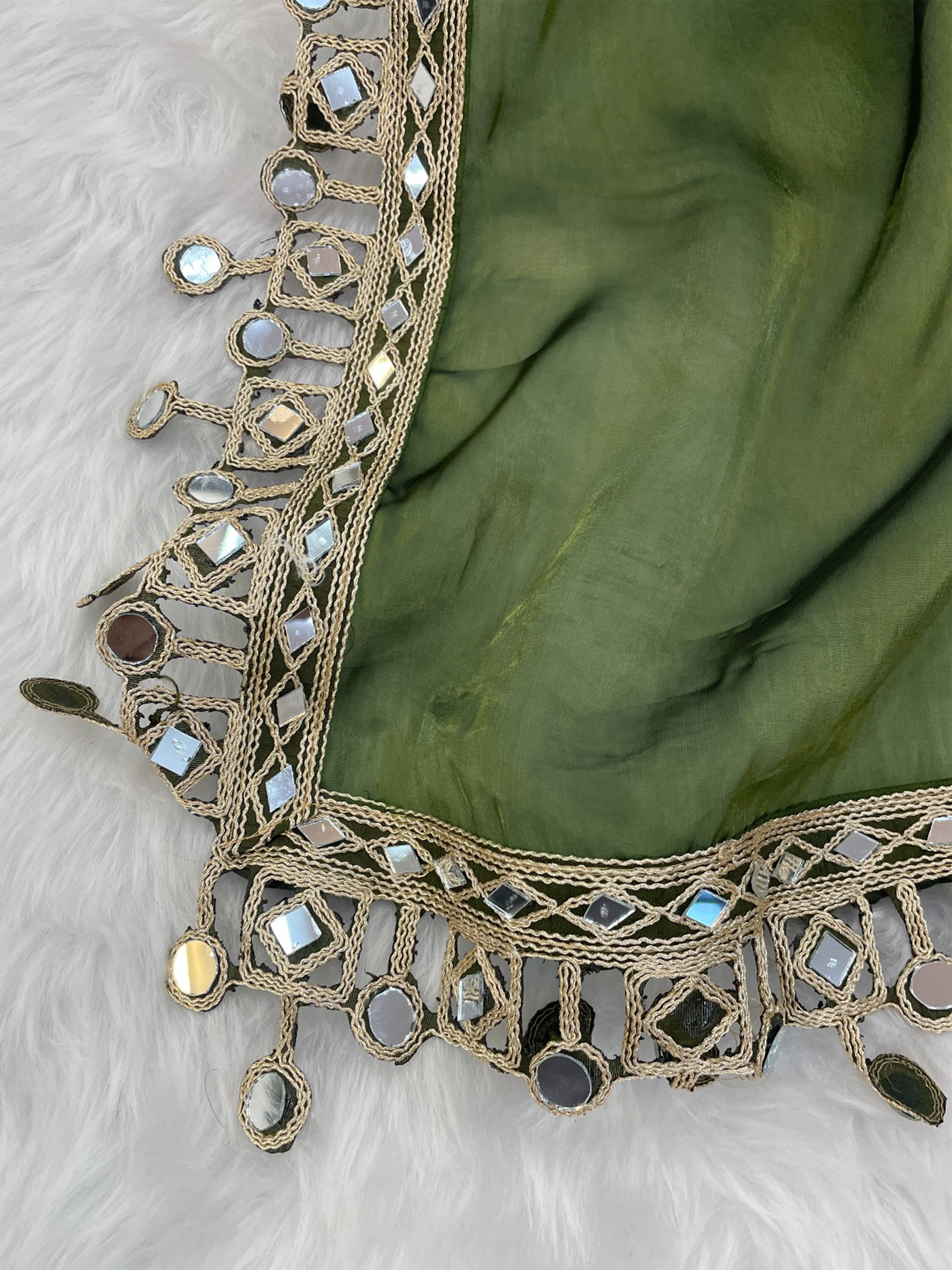 Green Organza Mirror Work Saree