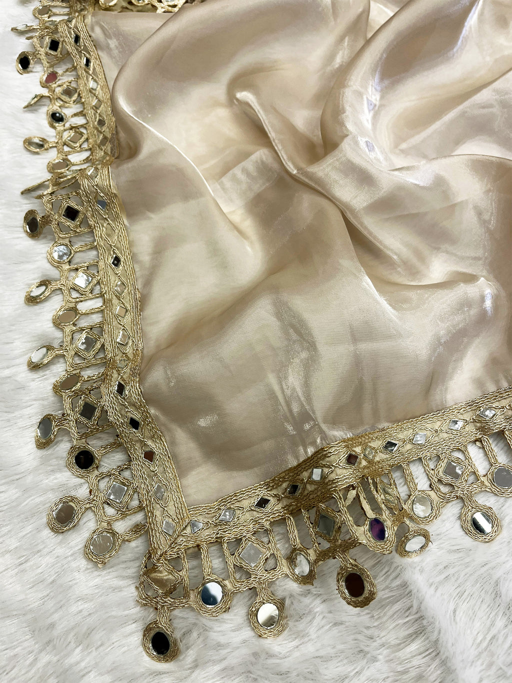 Beige Organza Mirror Work Saree