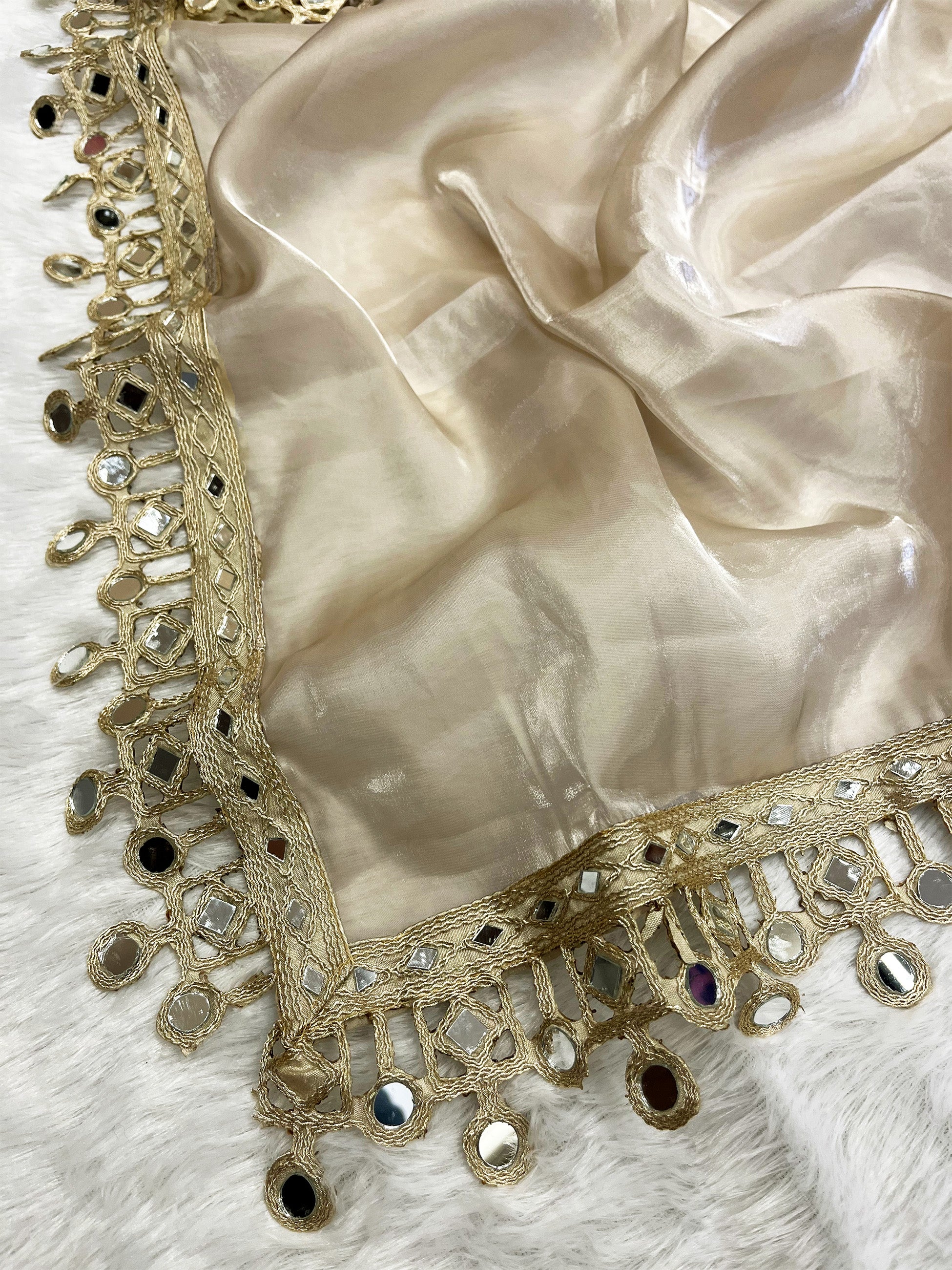 Beige Organza Mirror Work Saree