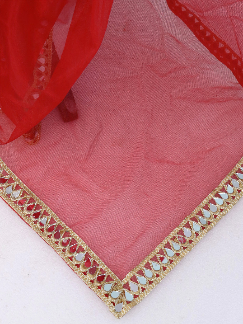 Red Tissue Geometric Mirror Work Saree