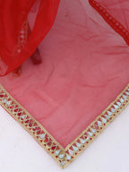 Red Tissue Geometric Mirror Work Saree