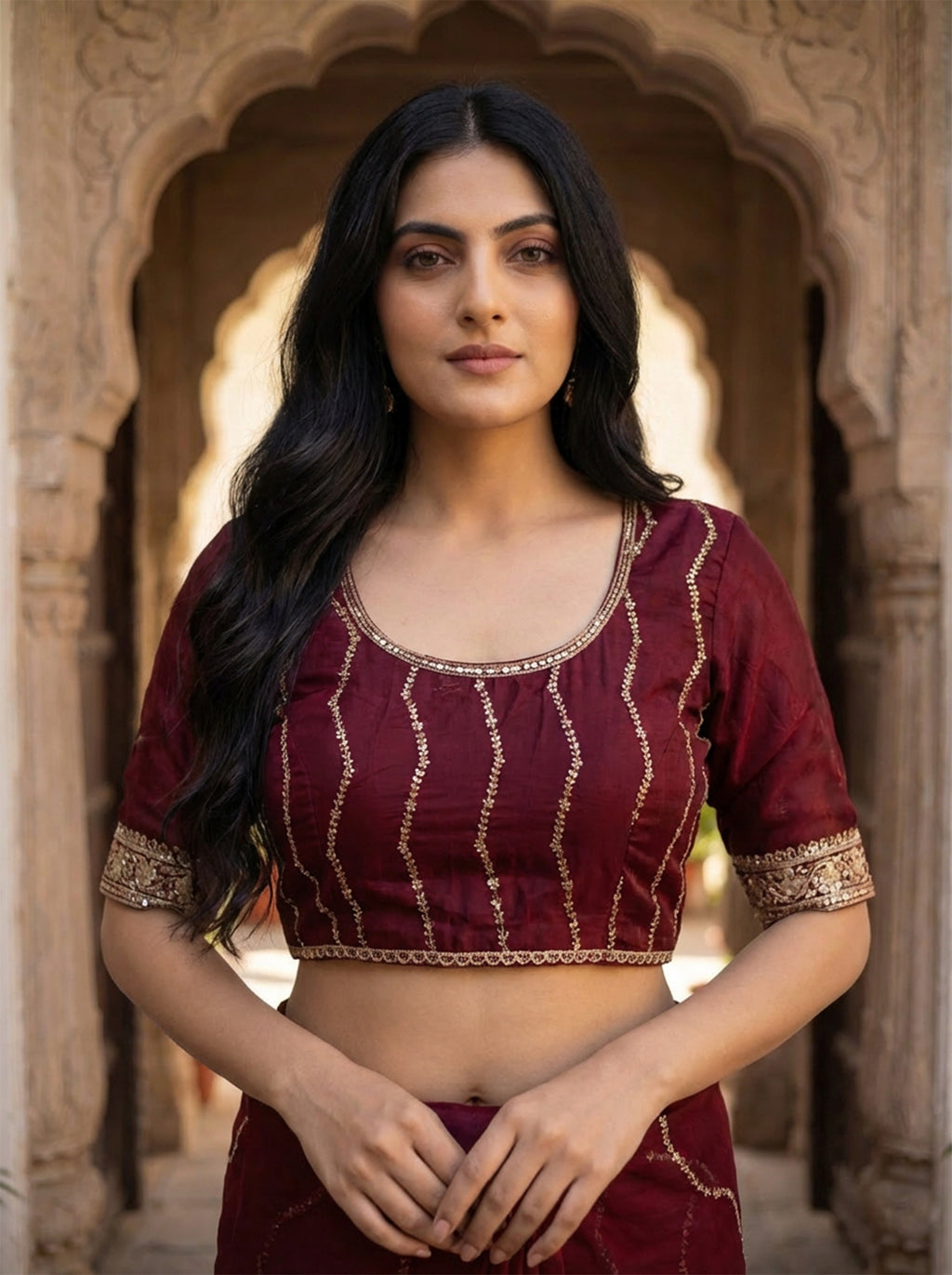 Maroon Tissue Striped Sequence Work Saree