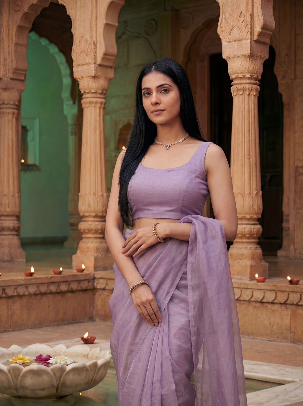 Lavender Tissue Geometric Mirror Work Saree