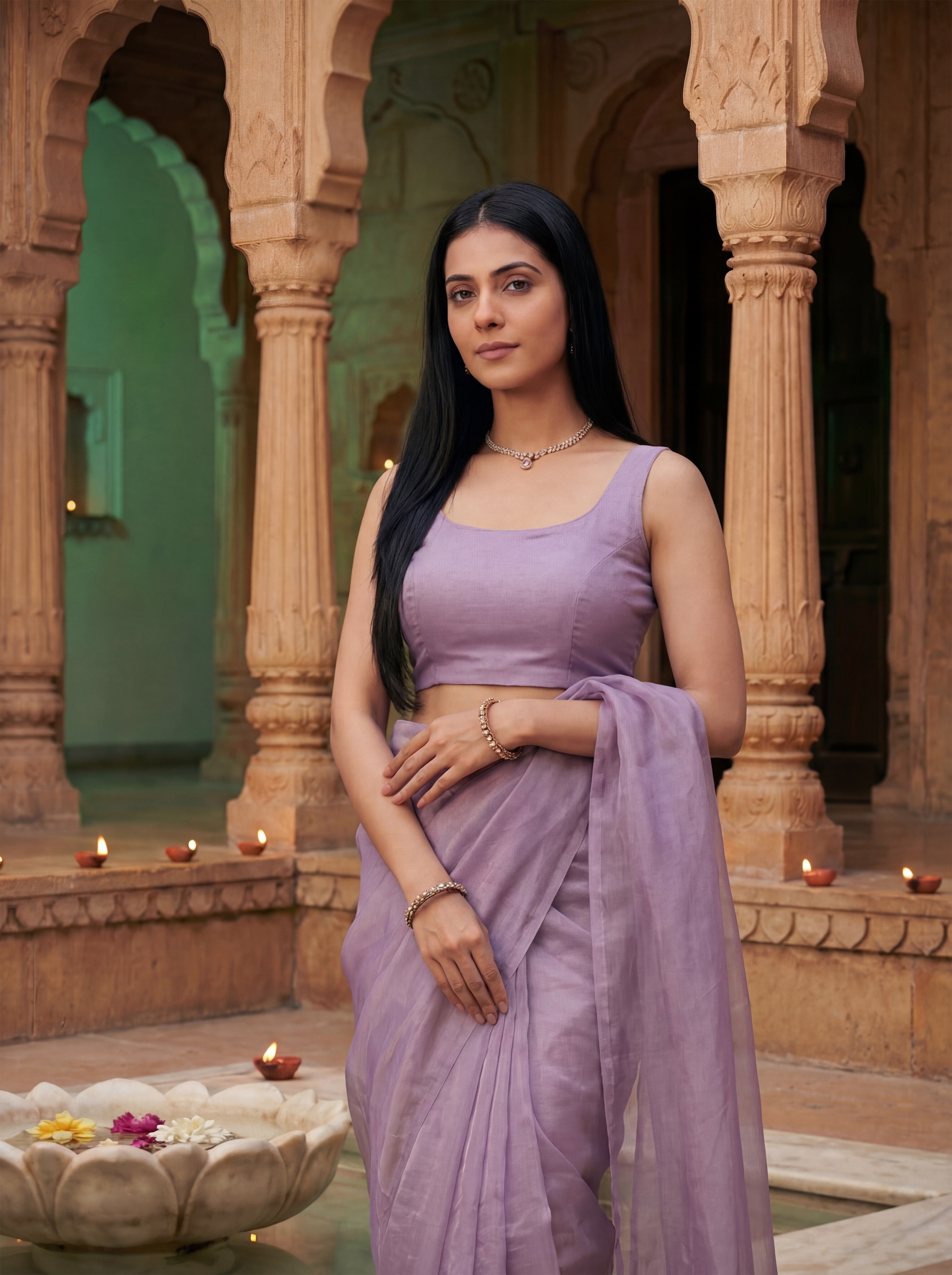 Lavender Tissue Geometric Mirror Work Saree