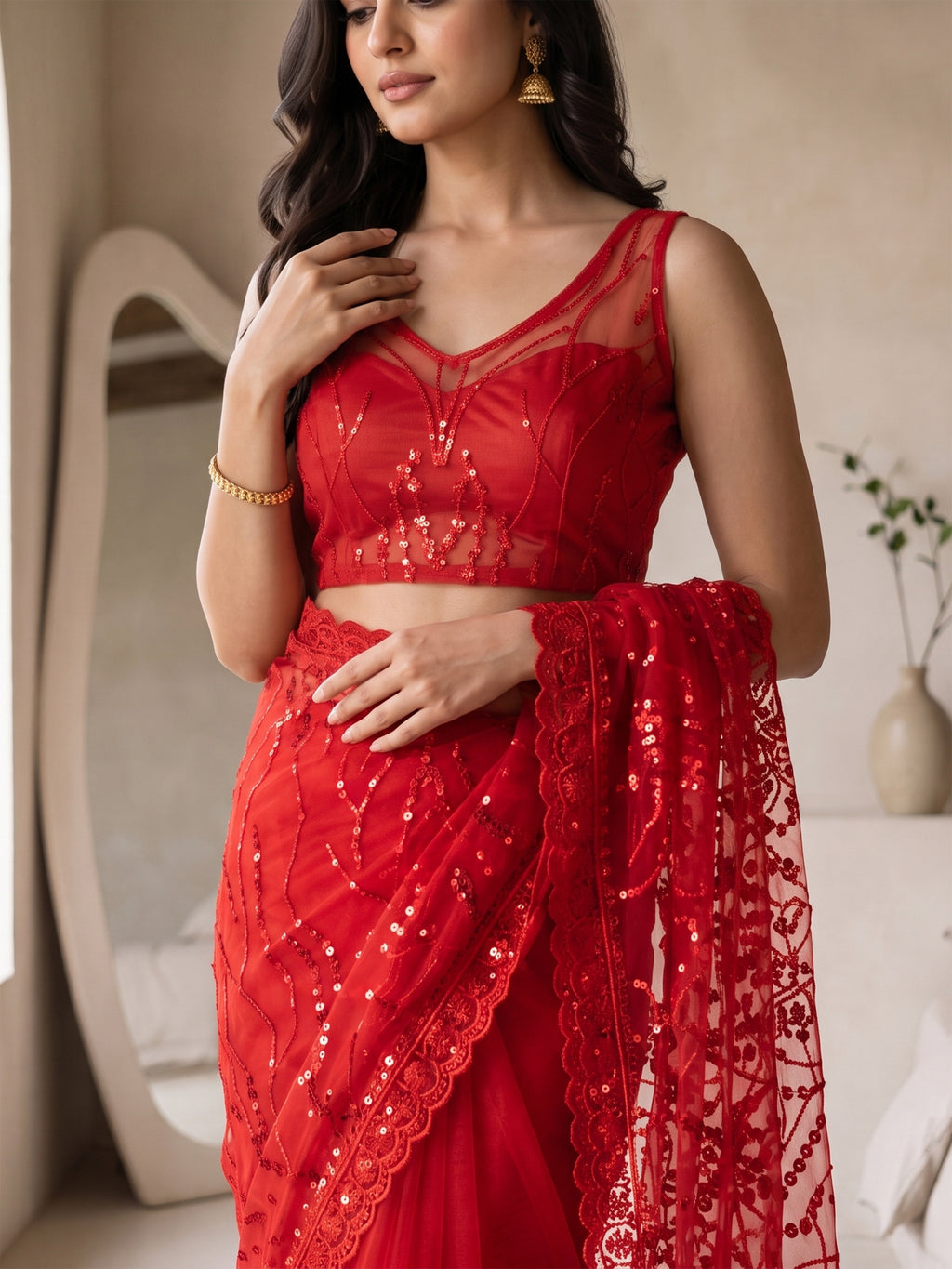 Maroon Net Floral Sequence Work Saree