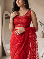 Maroon Net Floral Sequence Work Saree