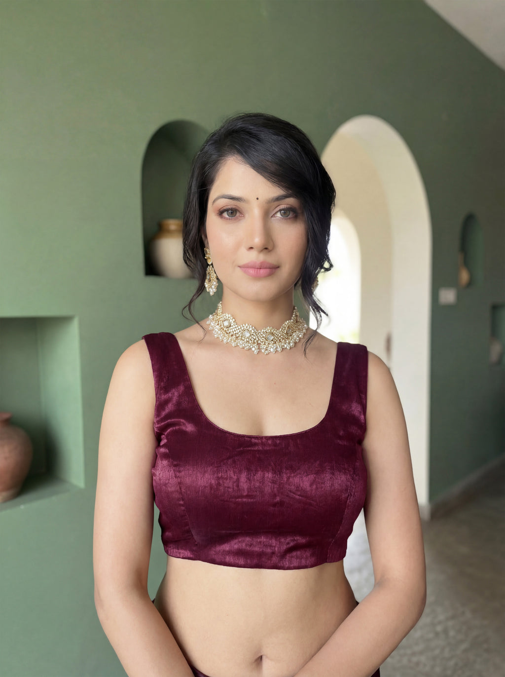 Burgundy Organza Striped Zari Work Saree