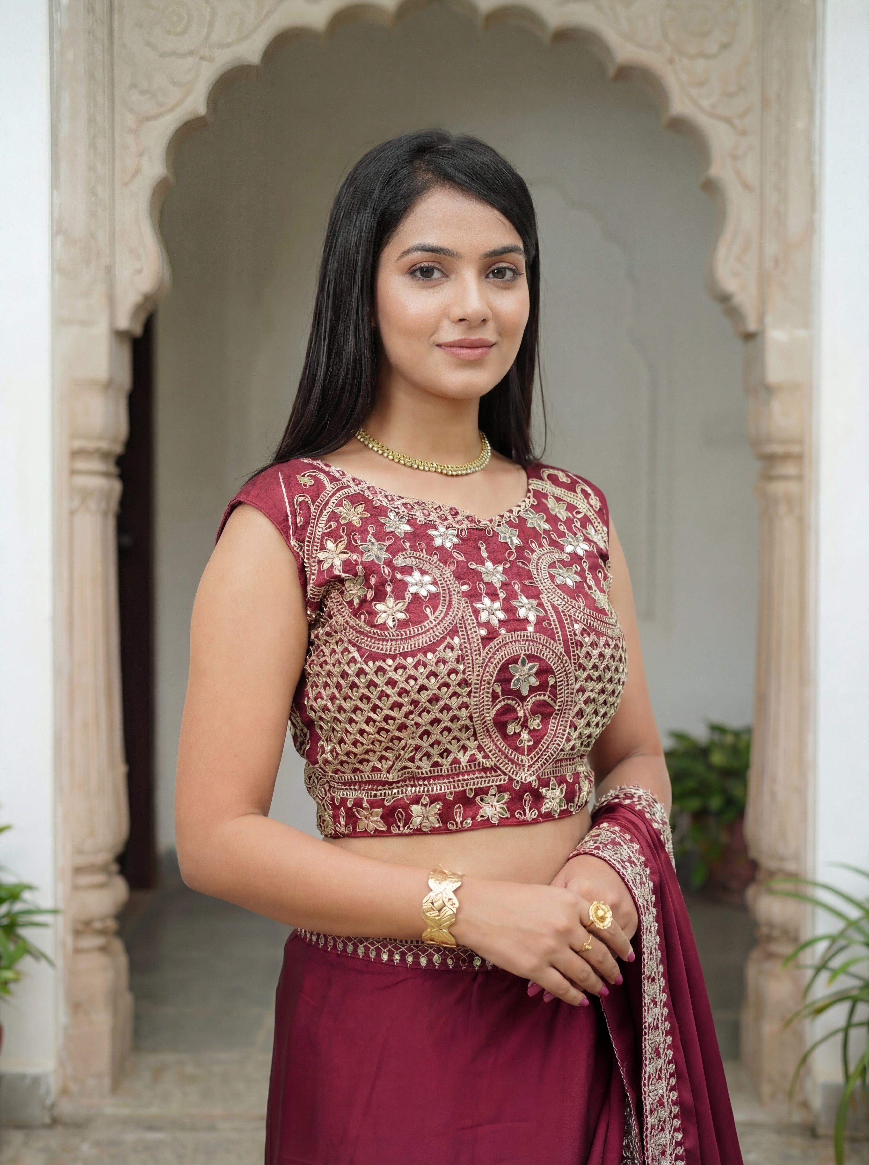 Maroon Silk Sequence & Mirror Work Saree