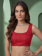 Red Organza Striped Zari Work Saree