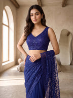 Navy Blue Net Floral Sequence Work Saree