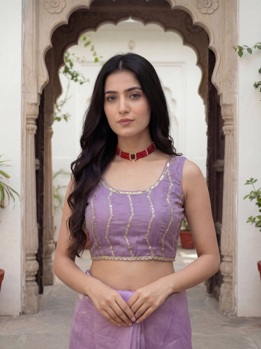 Lavender Tissue Striped Sequence Work Saree