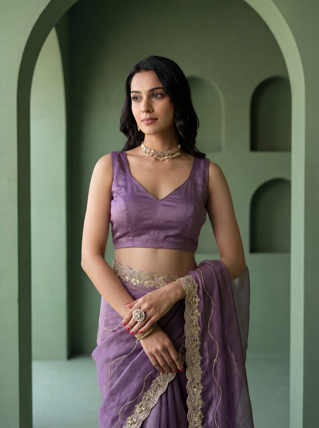 Lavender Organza Striped Zari Work Saree