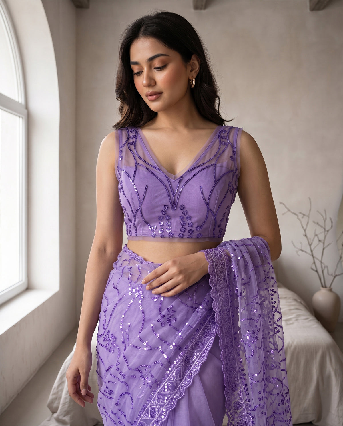 Lavender Net Floral Sequence Work Saree
