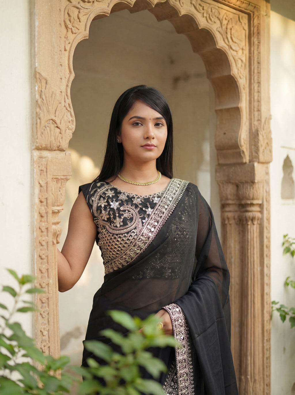 Black Silk Sequence & Mirror Work Saree